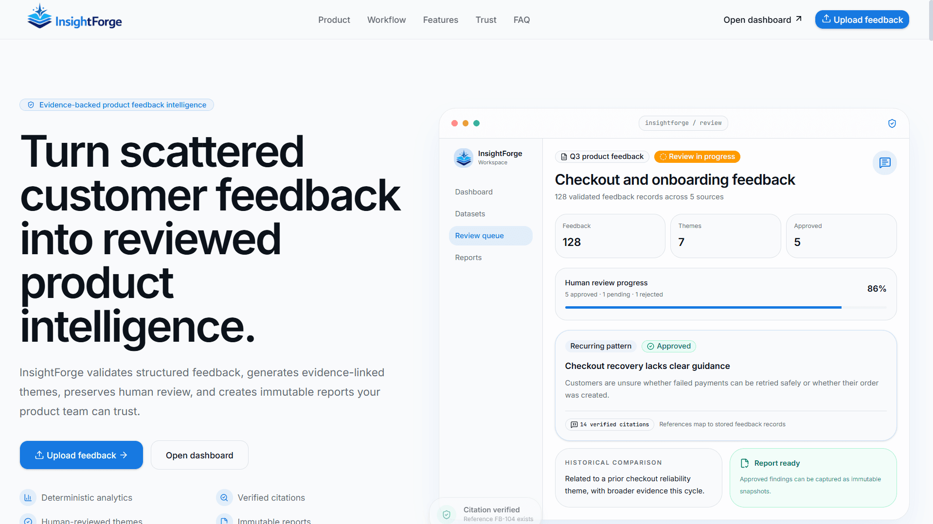 InsightForge AI product feedback intelligence dashboard